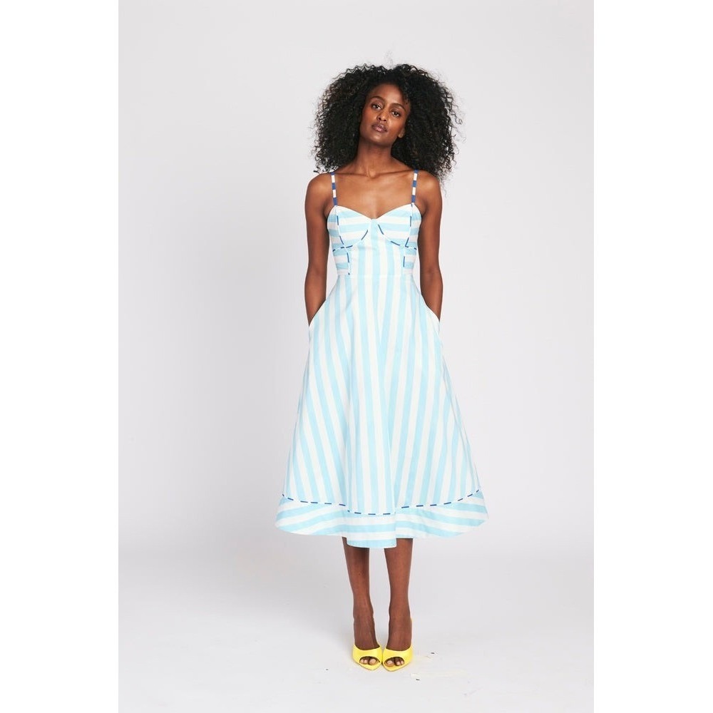 Rachel Antonoff Harper Dress Blue Painted Over Nautical Striped Bustier Midi XS